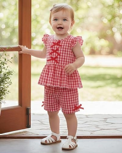 Jecson Toddler Baby Girl Summer Clothes Cotton Ruffled Sleeve Shirt Tops and Shorts Set Outfits 12Months-4T thumbnail 2