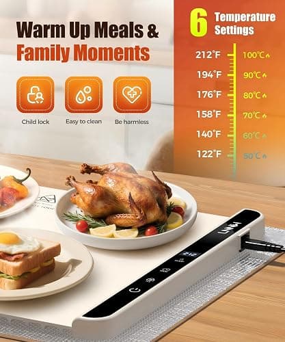 Food Warming Mat with Heat-Resistant Pad, 26X15 Inch, 6-Level Temp 6-Hour Timer, Child Lock Safety,Food Warmer Chafing Dishes for Buffet. thumbnail 3