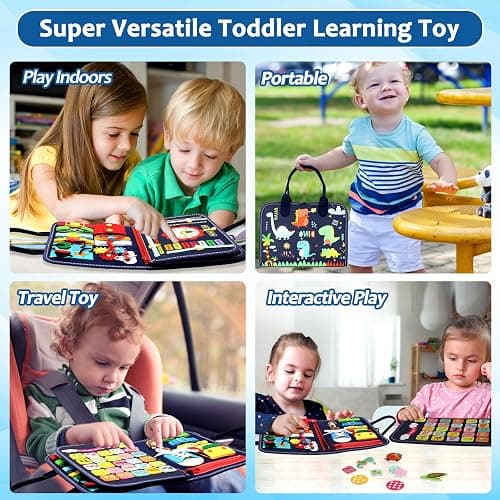 Qizfun Montessori Busy Board & Busy Book for Toddlers – Sensory & Learning Toy That Keeps Kids Busy, Travel Toy for Airplane & Car, Screen for Boys & Girls (Blue/P4) thumbnail 4