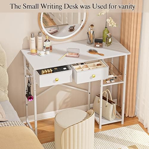 DAOUTIME White Computer Desk, 36 Inch Small Desk with Drawers, Home Office Desk with Storage Shelves for Bedroom, Living Room, Dorm, Vanity Desk for Small Spaces, White thumbnail 5