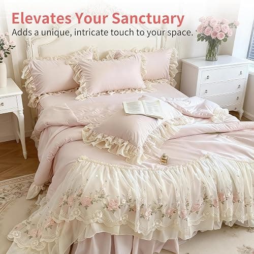 French Chic Bedding Set 4-Piece - Romantic Lace Trim Washed Cotton, Duvet Cover with Bed Skirt & Pillowcases for Queen Bed, Princess Style (Comforter Not Included) (Pink,Queen (U.S. Standard)) thumbnail 4