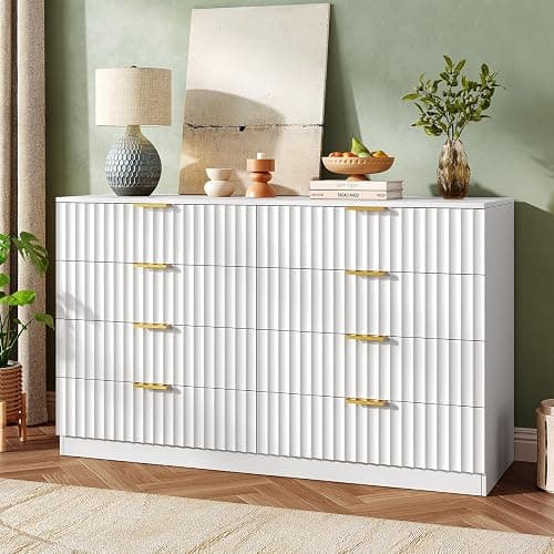NDOHCUO Fluted 8 Drawer Dresser for Bedroom,47.2''W Modern Dresser for Closet with Metal Handle, Wooden Chest of Drawers for Bedroom, Living Room, Hallway, White thumbnail 3