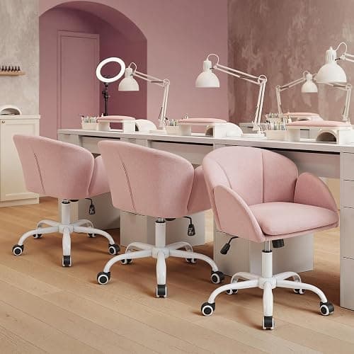 Yaheetech Fabric Vanity Desk Chair Modern Swivel Rolling Computer Chair with Armrests for Living Room, Bedroom, Makeup Room, Light Pink thumbnail 8