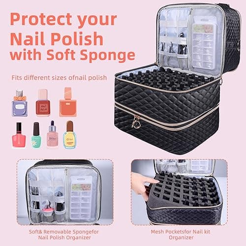 Nail Polish Organizer Case,3 Layers Nail Organizers and Storage With Detachable Holds 84 Bottles Nail Polish & Nail Lamp Large Nail Polish Organizer Bag ,for Manicure Tools, Nail Polish Kit (Black) thumbnail 4