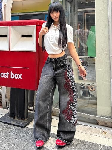 OYICAI Damen Baggy Stickerei Jeans Hip Hop Weite Denim-Hosen | Y2K-Look der 2000er Jahre, übergroßer, Skater-Streetwear, locker bequeme Passform, Skateboard geeignet, casual thumbnail 5