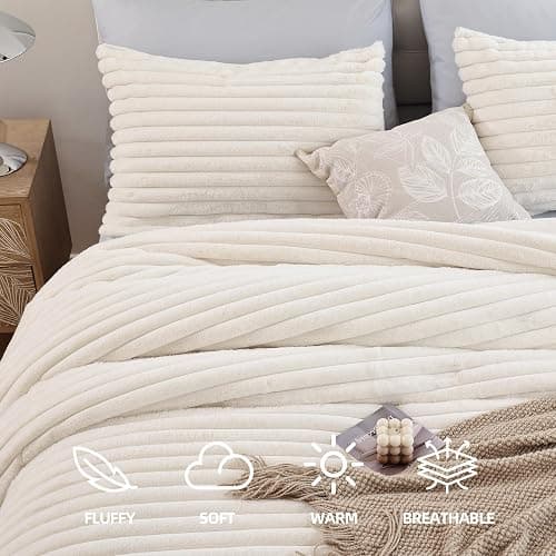 Smoofy Fluffy Twin Comforter Sets 2 Pieces - Cream White Fleece Fluffy Comforter Set, Luxury Fuzzy Twin Bedding Set, Soft Warm Comforter All Season, Heavy Faux Fur Comforter with Pillow Cases thumbnail 2
