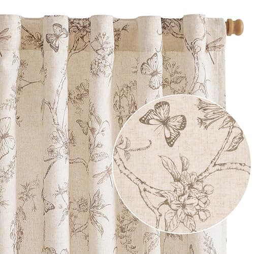 Lazzzy Farmhouse Linen Taupe Floral Curtains 96 Inch Long Back Tab Drapes for Living Room Bedroom Light Filtering Country Vintage Rod Pocket, 2 Panels, Taupe on Beige - Image 1