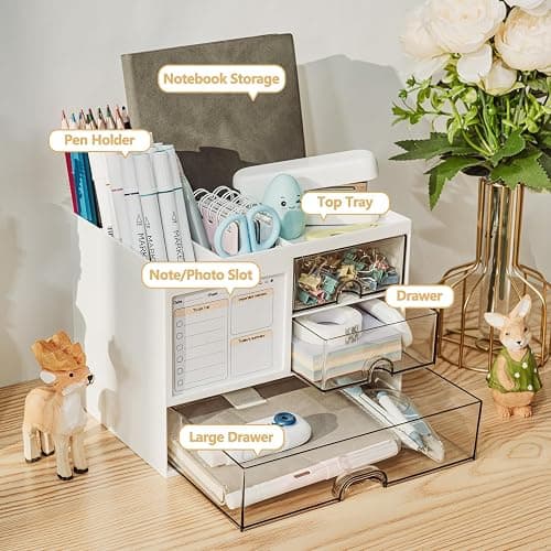 QIYVLOS Desk Organizer with 3 Drawer, Multi-Functional Pencil Pen Holder for Desk, Desk Organizers and Storage with 8 Compartments, Desktop Organizer for Office Home Art Supplies (White) thumbnail 4