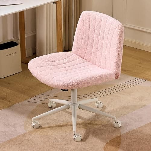 VINGLI Criss Cross Legged Chair,Wide Comfy Office Desk Chair,Dual-Use with/no Wheels Computer Task Chair,Swivel Armless Vanity Boucle Chair for Study,Make Up,Home Office,Teddy Fleece,Pink thumbnail 9