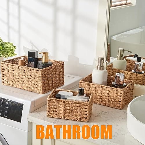 Small Wicker Basket for Organizing, Woven Storage Basket Set of 3 - Handwoven Natural Paper Rope Baskets to Declutter Any Room, Perfect for Organizing and Home Decor thumbnail 5