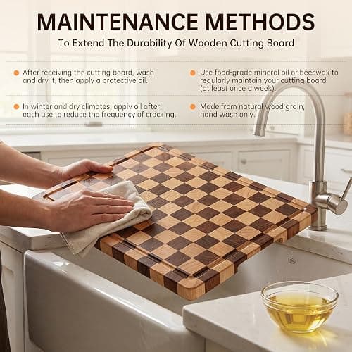 THETCHRY Cutting Boards for Kitchen, Checkered Cutting Board Upgraded, Acacia Wood Chopping Board with Juice Grooves & Handles, Large Butcher Block Serving Tray with Gift Box, 17"X12"X0.8" thumbnail 9