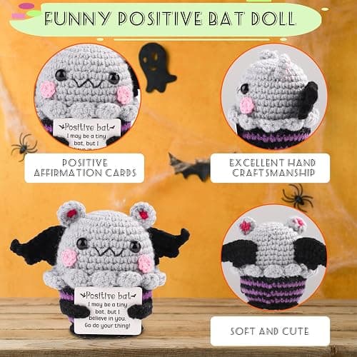 TOYMIS Positive Bat Doll, 3.35in Cute Knitted Bat Doll with Positive Card, Emotional Support, Halloween Decoration, Birthday Party, Cheer Up Gifts thumbnail 4