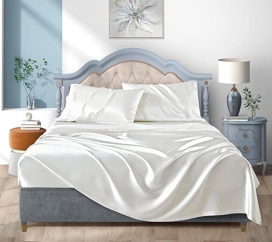 Satin Bed Sheets Queen Sheet Set, White Silk Sheets, 4 - Pieces Soft Bedding Set with 1 Deep Pocket Fitted Sheet,1 Flat Sheet,2 Pillowcase thumbnail 2