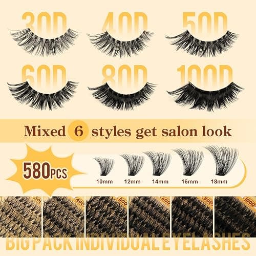 QUEWEL 580PCS Lash Clusters Kit 30D+40D+50D+60D+80D+100D Lash Clusters Kit | 10-18mm Cluster Lashes Individual Eyelash Clusters Reusable for Natural DIY Cluster Eyelash Extensions for Beginners thumbnail 4