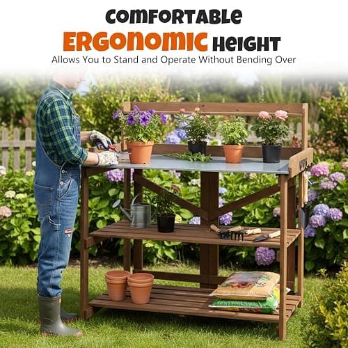 Outdoor Potting Bench Table, Indoor Wooden Work Station with Metal Table Top, Metal Hooks, Large Shelves, Heavy-Duty Gardening Workbench for Garden, Backyard, Patio, BBQ Prep Station, Easy Assembly thumbnail 9