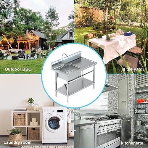 PurezmMoto Utility Sink Freestanding Single Bowl Laundry Sink with Hot and Cold Water Plumbing Workbench & Storage Stainless Steel Sink for Kitchen and Bathroom Farmhouse Style, 39Inch, Metallic Gray - 40" Stainless-Steel Sink thumbnail 7