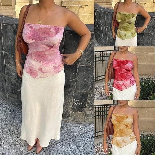 Women Floral Tube Top Strapless Off Shoulder Crop Shirt Y2k Aesthetic Graphic Print Bandeau Mesh Top - Cherry - Small thumbnail 4