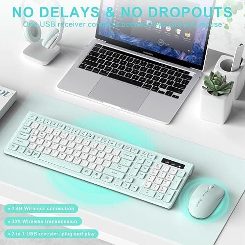 Silent Keyboard and Mouse Combo Wireless,ful-Sized Wireless Keyboard and Adjustable DPI Mouse, 2.4GHz USB Receiver, Keyboard and Mouse for PC, Windows, MAC, Desktop, Laptop (Mint Green-B) thumbnail 2