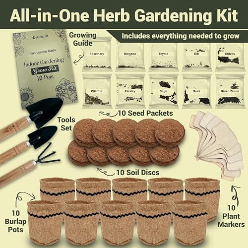 10 Herb Garden Planter Indoor Kit, 44pcs Complete Kitchen Herb Starter Set Including Burlap Pots, Markers, Soil Discs, Gardening Tools, Unique Easter/Birthday/Christmas Gift Ideas for Women, Mom thumbnail 2