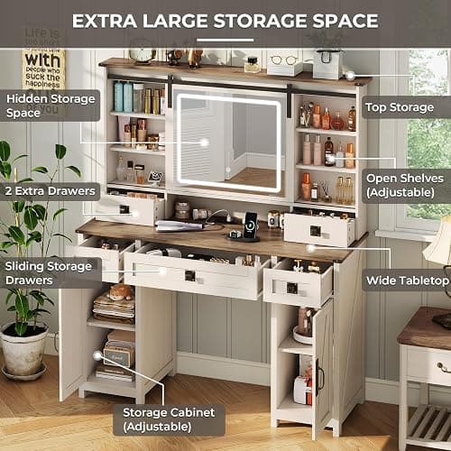 Farmhouse Makeup Vanity Desk with Sliding Mirror and Lights, 47.2" Big Vanity Table with Charging Station, Makeup Desk with 5 Drawers & 2 Cabinets, White thumbnail 3
