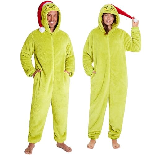 The Grinch One Piece Pajamas for Women, Fleece Jumpsuit With Santa Hat, for Kids, Teens, Adults - Image 1