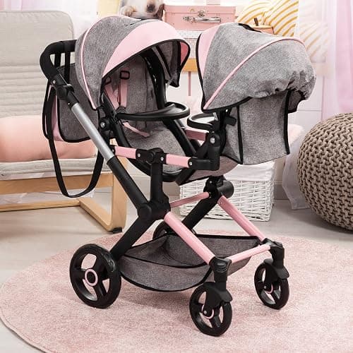 Bayer: Xeo Twin Pram - Butterfly Grey & Pink - Matching Handbag, Adjustable Handle, for Dolls Up to 20" thumbnail 3