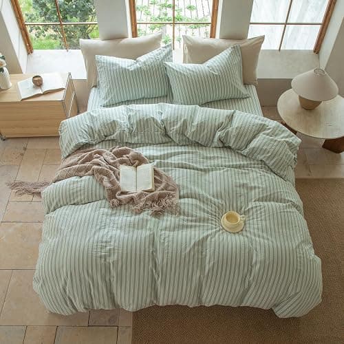 BESTDESIL Sage Green and White Striped Duvet Cover,100% Washed Cotton Breathable and Linen Like Bedding Set(Strip-Sage Green/White,Full Size) thumbnail 8
