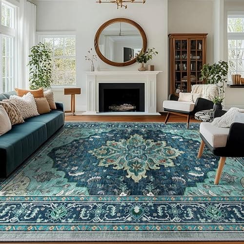 RELEANY Area Rugs 8'x10' Washable Non-Slip, Floral Vintage Distress Print Pattern Medallion Carpet for Living Room Bedroom Dining Room, Teal Green Lake Blue Turquoise - Image 1