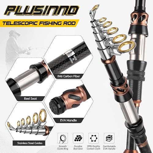 PLUSINNO Fishing Rod and Reel Combos - Carbon Fiber Telescopic Fishing Pole - Spinning Reel 12 +1 Shielded Bearings Stainless Steel BB thumbnail 3