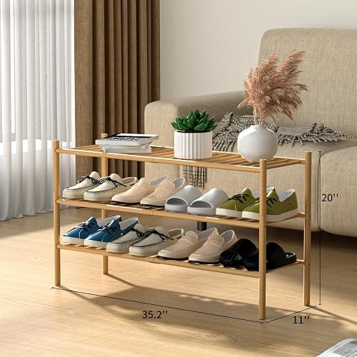 ROMGUAR CRAFT 3-Tier Bamboo Long Shoe Rack, Free Standing Wood Shoe Shelf Storage Organizer for Closet Entryway Stackable 35"x11"x20" (Natural) thumbnail 3