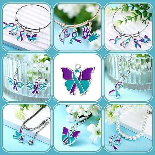 Kenning 120 Pcs Suicide Prevention Awareness Charms Bulk Teal and Purple Ribbon Charms Suicide Awareness Items Sexual Assault Pendant for Jewelry Making DIY Necklace Bracelet Earring Crafts thumbnail 6