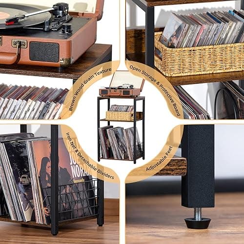 LELELINKY 3 Tier End Table,Record Player Stand with Storage Up to 100 Albums,Turntable Stand for Vinyl,Brown Records Shelf for Living Room Bedroom thumbnail 6