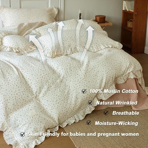 VM VOUGEMARKET 3 Pieces Full Cream Duvet Cover Set Ruffled,Girls Double-Layer Cotton Gauze Duvet Cover with Floral Pattern,Zipper Closure & Corner Ties,80"x90" thumbnail 2