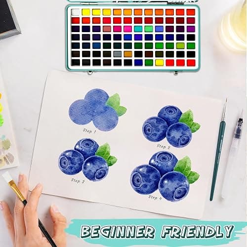 Watercolour Paint Travel Sets with Palette - 128 Art Supplies Water Color Painting Professional Kit for Kids Adults Artists - Portable Metallic Watercolours Mini Box with Major Brushes Watercolor Pens thumbnail 2