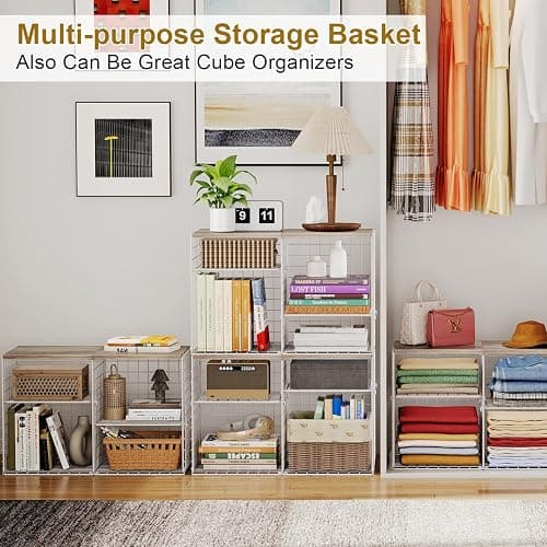 2 Pack Closet Shelf Organizer, Closet Organizers and Storage Shelves With Adjustable Dividers, Stackable Storage Bins Baskets For Clothes Sweaters Jeans Jackets, With Wooden Board, 8 Compartments thumbnail 7