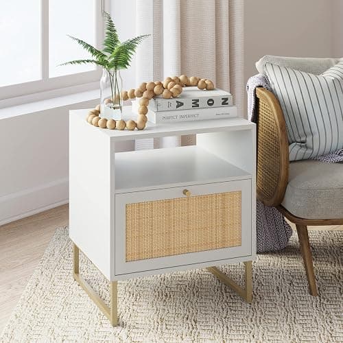 Nathan James Mina Rattan Wood End Side Accent Table Nightstand with Storage for Living Room or Bedroom, 1, White/Gold - Image 1