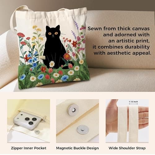 Sukyerios Cute Aesthetic Canvas Tote Bag for Women, Reusable Foldable Shopping Cotton Shoulder Totebag with Zipper Pocket thumbnail 5