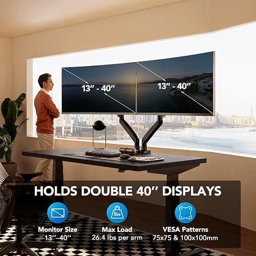 HUANUO Dual Monitor Stand for 13″–40″, Premium Dual Monitor Mount with USB, Height Adjustable Monitor Stand for 2 Monitors, VESA Mount with Clamp/Grommet Base, Holds 26.4lbs per Arm, HNDS7 thumbnail 2