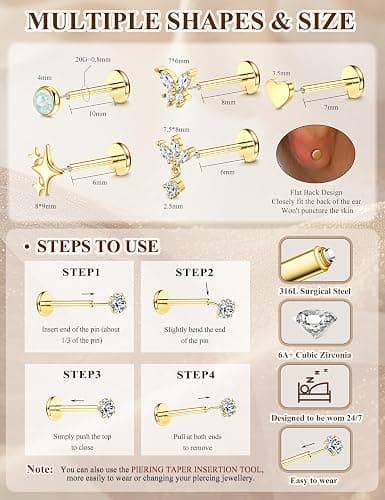 ORAZIO Hypoallergenic Flat Back Stud Earrings Surgical Steel Cartilage Earrings for Women Flatback Threadless Push in Nose Studs Lip Labret Medusa Conch Helix Tragus Piercing Jewelry 16G/18G/20G thumbnail 6