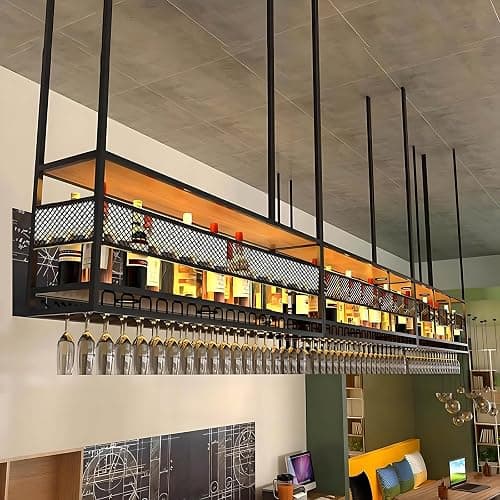 RAJYQODIS Hanging Wine Rack, Metal Hanging Wine Glass Rack, 2-Tier Bar Display Wine Storage Holder, for Bar Restaurant Cafe Kitchen (Black, 140cm) thumbnail 5