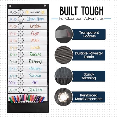 Essex Wares - 13 Pocket Daily Schedule Pocket Chart, Ultra-Durable Visual Schedule for Kids - Easy to Use, Reusable Daily Schedule for Kids - Reversible Chart for Sentence Strips thumbnail 4