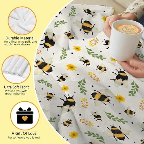 Sunflower Floral Bee Blanket - Plush Flannel Throw for Couch, Bed, Sofa - 40"x50" Flower Decor for Girls Boys - Gift for Bee Lovers - All Seasons thumbnail 6