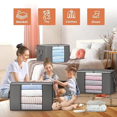 90 L Large Storage Bags, 6 Pack Clothes Storage Bins Foldable Closet Organizers Storage Containers with Reinforced Handle for Clothing, Blanket, Comforters, Bed Sheets, Pillows and Toys (Gray) thumbnail 4