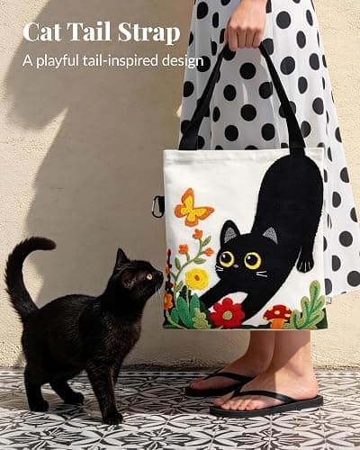 Jeasona Canvas Tote Bag for Women,Cute 3D Black Cat & Flowers Reusable Embroidered Canvas Shoulder Bag thumbnail 4