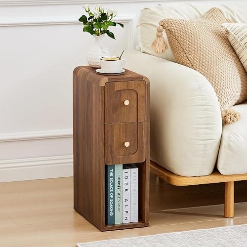 MAHYIZYI Narrow Nightstand with 2 Drawers, Small Bedside Tables, Mid-Century Modern Slim Night Stand with Storage, Wooden End Table for Small Spaces, Bedroom, Living Room (Walnut-1PCS) - Image 1