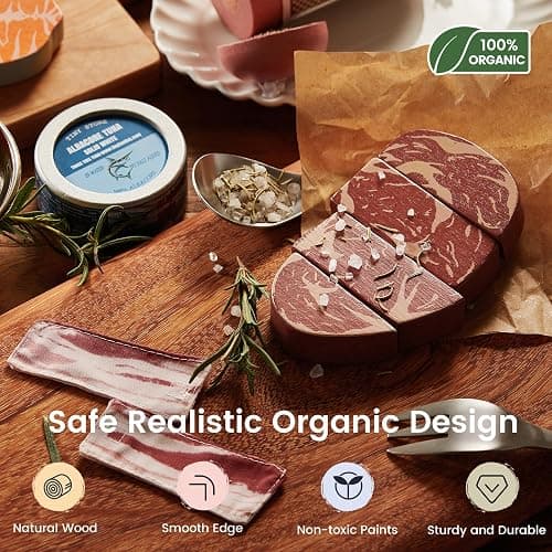 Tiny Land Wooden Play Food for Kids Kitchen, Pretend Food Meat Set Toy | 6PCS Organic Fake Food, Seafood & Meat Set for Kid, Play Kitchen Accessories, Montessori Toy for Boy and Girl thumbnail 5