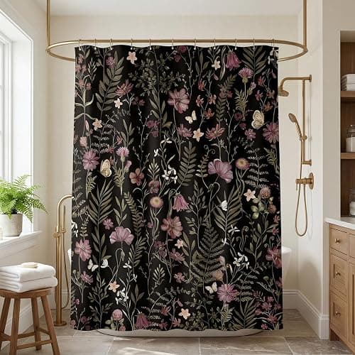 Lindameler Moody Black Botanical Shower Curtain Vintage Floral Bathroom Curtain Dark Wildflower Modern Bathroom Decor (Black, 72 X 72 INCH) thumbnail 3