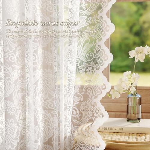 Rinwoc White Lace Semi-Sheer Curtains – Vintage Floral Lace for Bedroom/Bathroom, Light Filtering Rod Pocket Drapes, Privacy Chic Window Treatments Scalloped Hem, 52W x 72L Inch, 2-Panel Set thumbnail 6