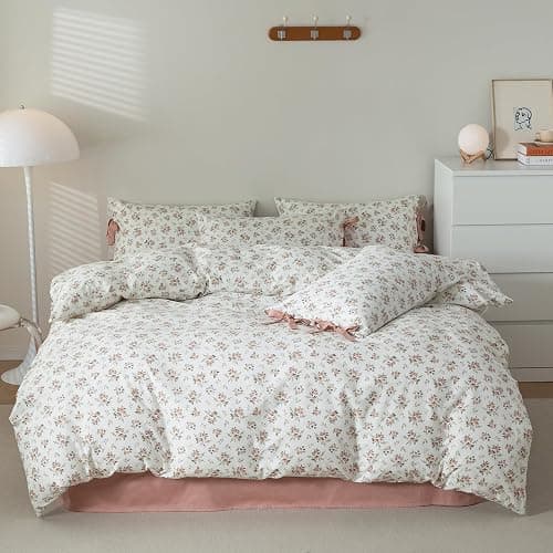 Pink Flower Duvet Cover Set Twin Soft Cotton Peach Floral Comforter Cover Girls Cottagecore Bedding Set Boho Floral Duvet Cover Vintage Country Bedding Flower Botanical Duvet Cover with Zipper Closure thumbnail 2