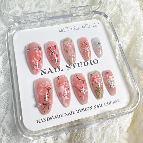 30Pcs Pink Flower Press on Nails Medium Almond Fake Nails with 3D Pearl Rhinestones Designs Glue on Nails Peach Blossom Acrylic Nails Cute Cat False Nails Bow Stick on Nails for Women Nail Supplies thumbnail 3